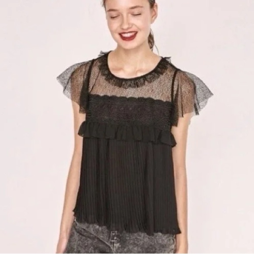 ZARA Black Lace Chiffon Ruffle Top | Coquette Gothic Sheer Blouse